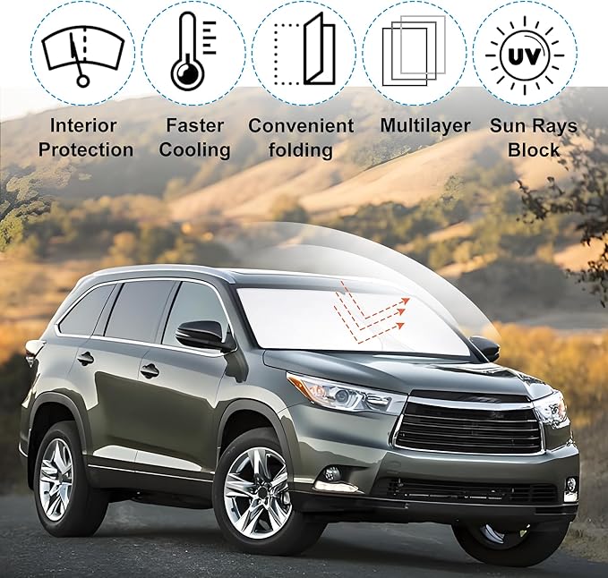 Windshield Sun Shade Custom Fit for 2014 2015 2016 2017 2018 2019 Toyota Highlander Accessories Foldable Sunshade Sun Blocker Protect Car from Sun Rays & Heat Damage Keep Car Cooler