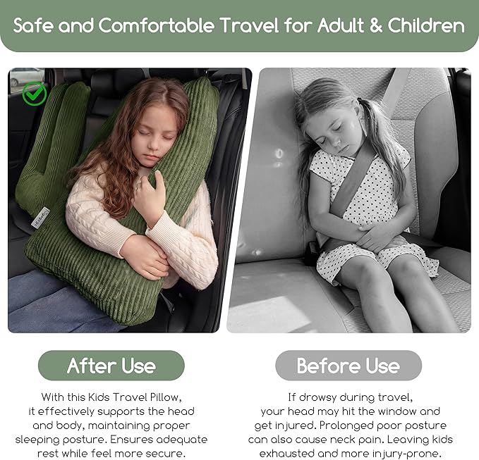 HIGOGOGO Washable Travel Pillow, Car Pillow for Kids & Adults, Travel Pillows with Removable Soft Cover and High-Support Foam, Fix Neck and Body Sitting/Sleeping on The Trip, Dark Green
