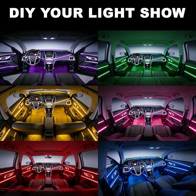 Car Interior LED Strip Lights, 10m RGB 8 in 1 Car Ambient Decor Neon Lights Kit 400 inches Fiber Optic tubing USB Powered RGB with Wireless APP Remote Control, Ambient Lighting Kits 16 Million Colors