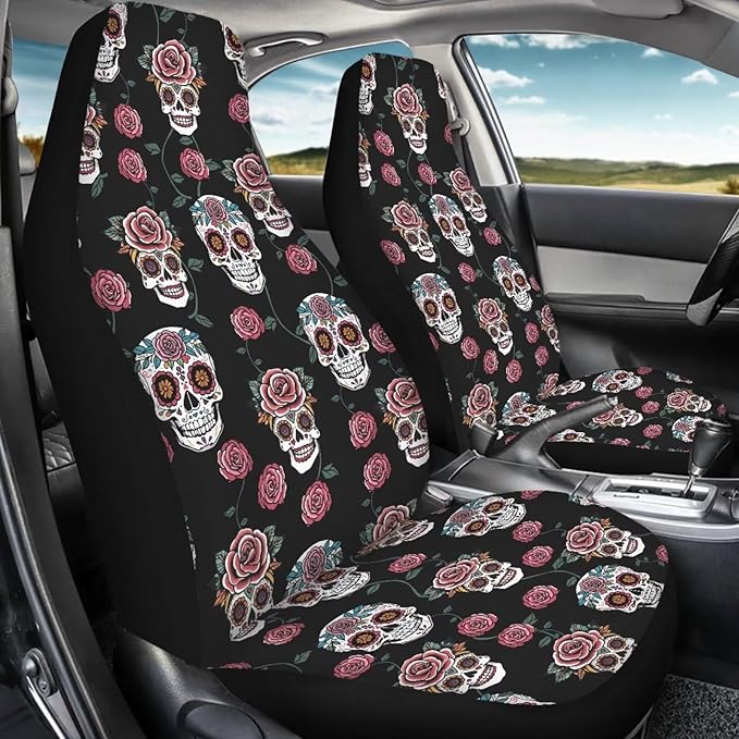 Goth Skull Rose Seat Covers for Car, Universal Stretchy Cars Front Seat Protectors Cover, Men Women Car Accessories Decoration Saddle Blanket for Bucket Seat, Set of 2