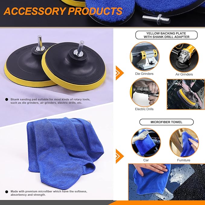 4 Sizes Microfiber Polishing Buffing Pads Kits Removing Wax with 3" 4" 5" 6" Hook and Loop Backing Pads Buffer Pads Microfiber Wax Applicator for Car Polishing Waxing and Cleaning