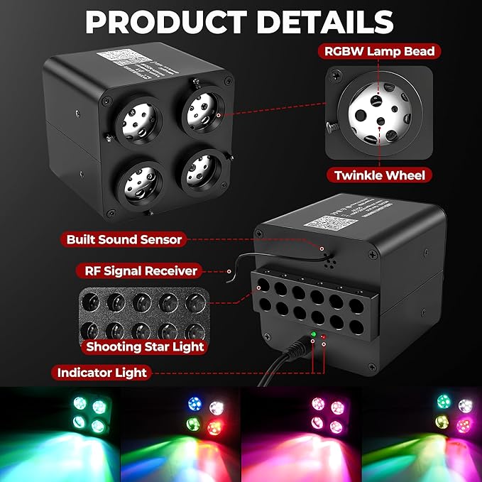 2000PCS 32W Meteor Starlight Headliner Kit,4 Light Colors Twinkle Fiber Optic Star Ceiling Lights,0.03in*13.1ft/4m, App/Remote Control Rgbw Shooting Star Headliner Kit Car Roof Home Ceiling