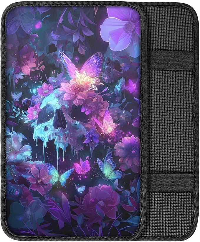 Skull Print Center Console Pad Butterfly Flower Print Armrest Cushion Cover for Cars Dust-Proof Decorative Armrest Seat Box Cover for Auto Interior