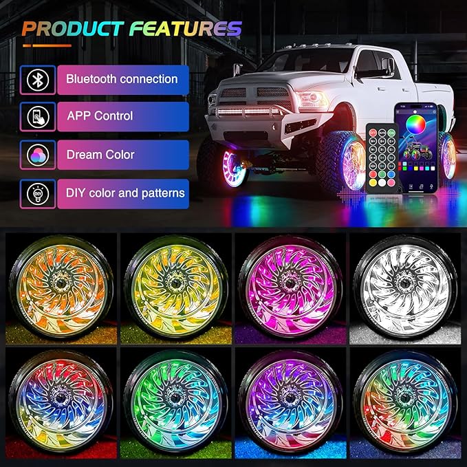 Nilight 4PCS 17.5inch Wheel Ring Lights Deram Color with APP and Remote Control Neon Lights Million Colors w/Turn Signal and Braking Function for Car Van SUV Truck
