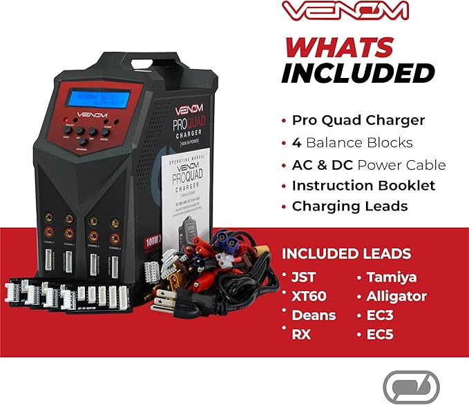 Venom Power - Pro Quad LiPo Battery Fast Charger with LCD Screen - 4 Ports at 100W Each - AC DC 7A Fast NiMH LiHV LiPo Balance Charger Discharger 1S to 6S, Drone, RC Car Battery Charger