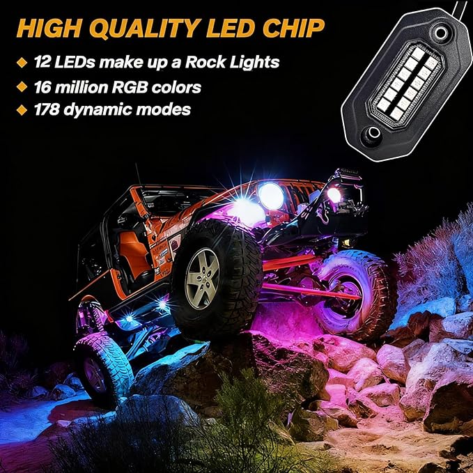 RGB LED Rock Lights Kit, 4 pods Multicolor Neon Light with Bluetooth App/Remote Control Flashing Music Mode, Aluminum Metal, IP68 Waterproof, 12v for Truck ATV UTV SUV