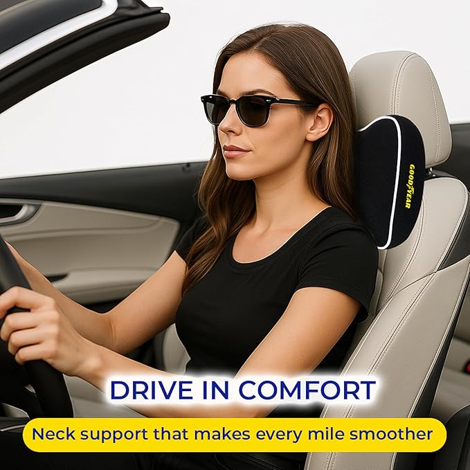 Goodyear Car Neck Pillow, Soft Memory Foam Headrest Pillow for Driving, Ergonomic Car Seat Headrest Cushion with Adjustable Strap, Breathable & Removable Cover, Neck Pain Relief, Black