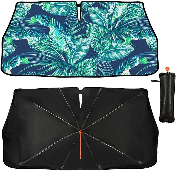 CHILL·TEK Funny Car Windshield Sun Shade Umbrella, Monstera Leaf Car Sun Shade Umbrella, Block UV Rays Heat Foldable Windshield Umbrella Sun Visor Protector - Keep Vehicle Cool for Cars SUV