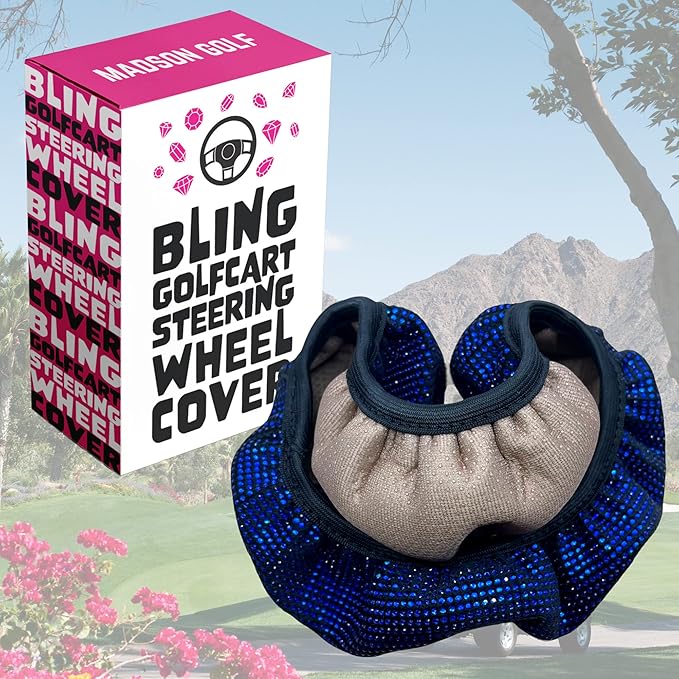 Universal Colorful Bling Crystal Diamond Rhinestones Golf Cart Steering Wheel Cover fits Club Car, Yahama, EZGO, Anti Slip Cover Easy to Install, Great Gifts for Golfer Women Womens (Blue Diamond)