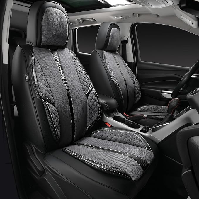 CAR PASS Suede Leather Seat Covers Full Set Soft Protector Durable Cushioned Warm in Winter Breath in Summer,Universal Sport Car Seat Cover Fit for Sedan SUV Pick-up Truck,Anti-Slip and Backseat(Grey)