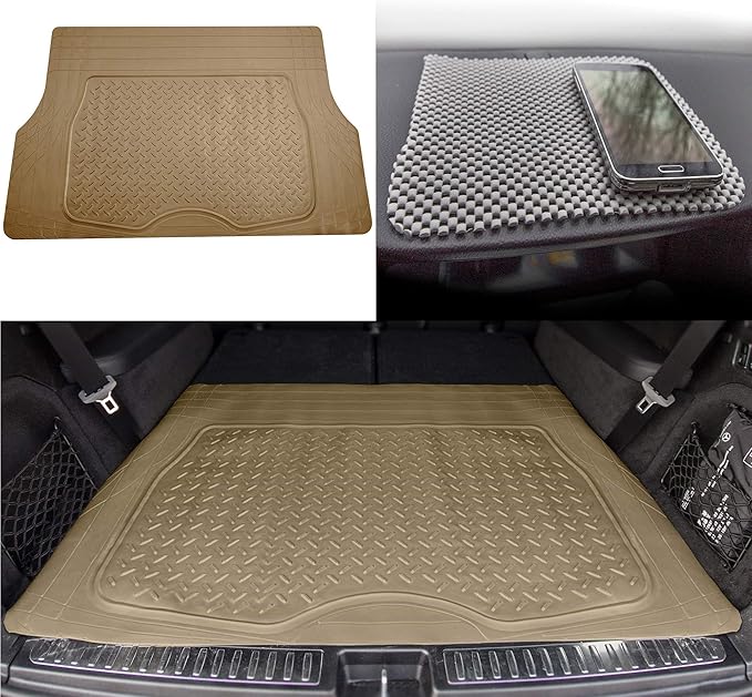 TLH Premium Trimmable Beige Cargo Mat Car Trunk Liner Universal Fit Set w/Gray Dash Pad, Trimmable Automotive Floor Mats, Climaproof™ Floor Mats for Most Sedan, Cars, SUV, Truck Floor Mats.