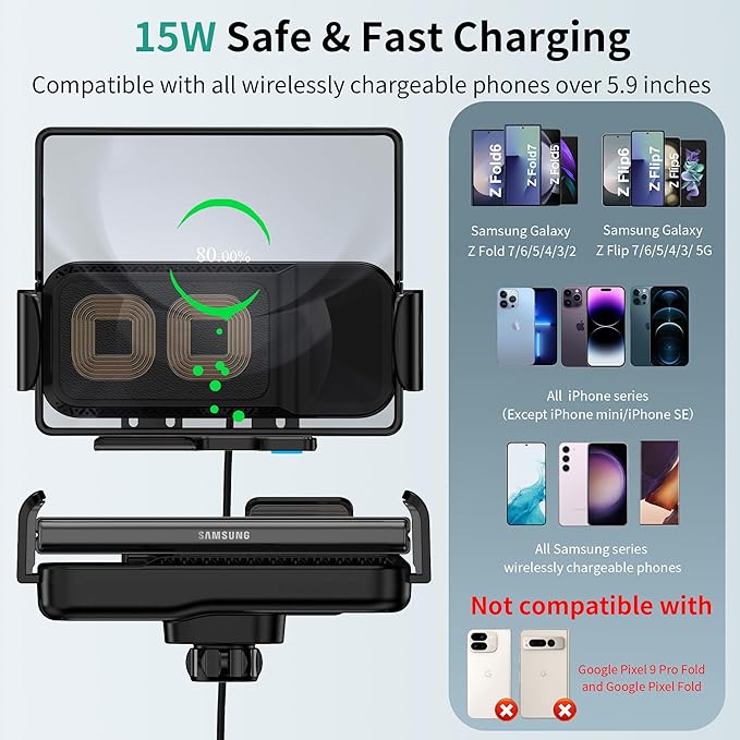 Wireless Car Charger Mount, 15W Dual Coil Rotatable Car Phone Holder Wireless Charger for Samsung Galaxy Z Fold 7/6/5/4/3/2, Z Flip, S25/S24/S23/S22 Series and iPhone, Car Charger Included