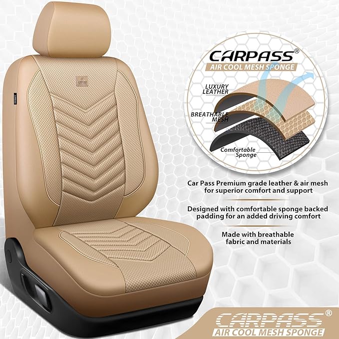CAR PASS 3D Foam Mesh Leather Car Seat Covers Front Seats, Tan Breathable Front Seat Cover for Cars, Comfortable Universal Fit for SUV Truck Sedan Automotive Anti-Slip Airbag Compatible, All Beige