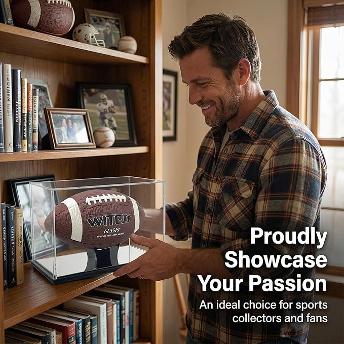 Acrylic Football Display Case with Ball Holder Base – a Memorabilia Showcase Storage Box Designed for Full-Size Football Collectibles. Perfect for Sport Lovers to Display Their Footballs