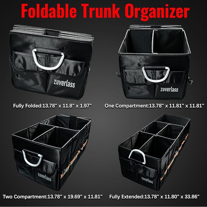 Car Trunk Organizer with Cooler Bag, 90L Portable Trunk Cargo Organizer for SUV Truck Sedan, 3 Compartments Collapsible Car Storage Box with Lid, 4 Removable Dividers