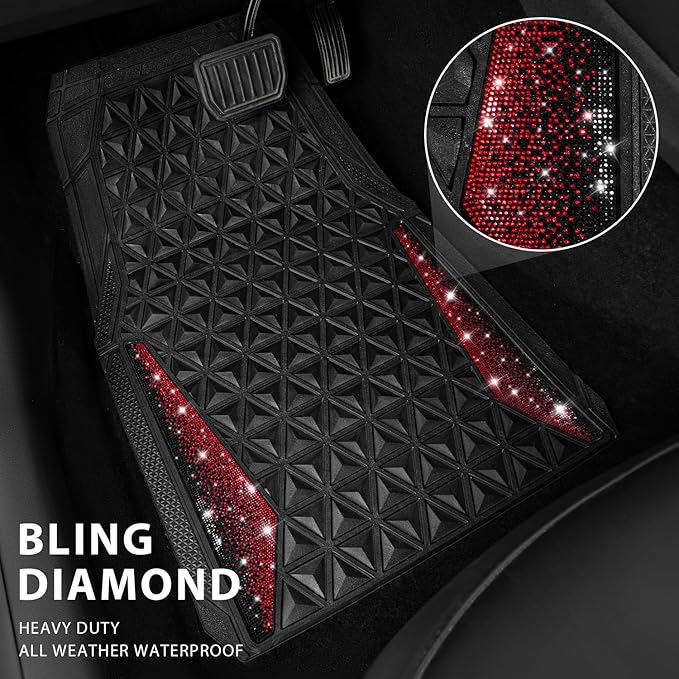 CAR PASS Bling Diamond Car Mats Rubber Floor Mats Full Set Anti-Slip 3D Rhombus Waterproof Trim to Fit Liner Universal Glitter Crystal Sparkly Shining Rhinestone Girl Women SUV Sedan Van, Black Red