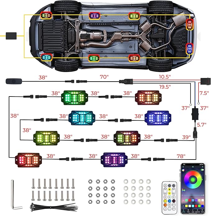 8 Pods Full Angle RGB Rock Lights Compatible with 12V Trucks Jeep UTV SUV ATV Boat Golf Cart, Waterproof, Multi-Color,Brake Light, App/Remote Control Led Rock Lights with Music Mode(Patented)
