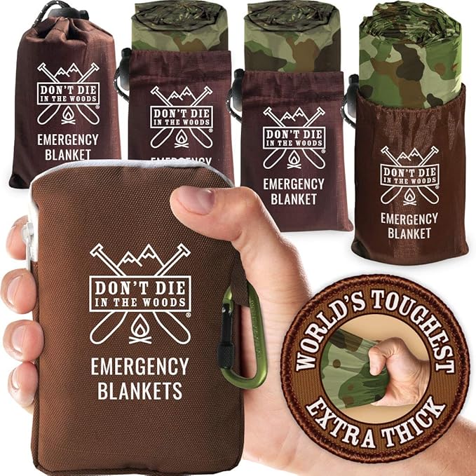 Don't Die In The Woods - World’s Toughest Emergency Blankets [4-Pack] Extra Thick Thermal Mylar Space Blanket - One of The Ten Essentials Outdoor Survival Gear for Hiking Camping First Aid Kit (Camo)