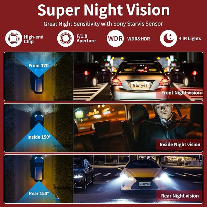 3 Channel Dash Cam Front and Rear Inside,Dash Cam pro 2025,Interior Car Camera,2.5K Single Front,Dash Camera for Cars with IR Night Vision,24Hr Parking Monitor 1S Recording,Free 64G Card