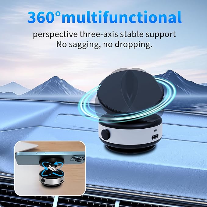 Electric Vacuum Magnetic Car Phone Holder, Automatic Suction, Effortless Release for Easy Storage, Suction Phone Mount Compatible with Magsafe iPhone and Android Case, Black