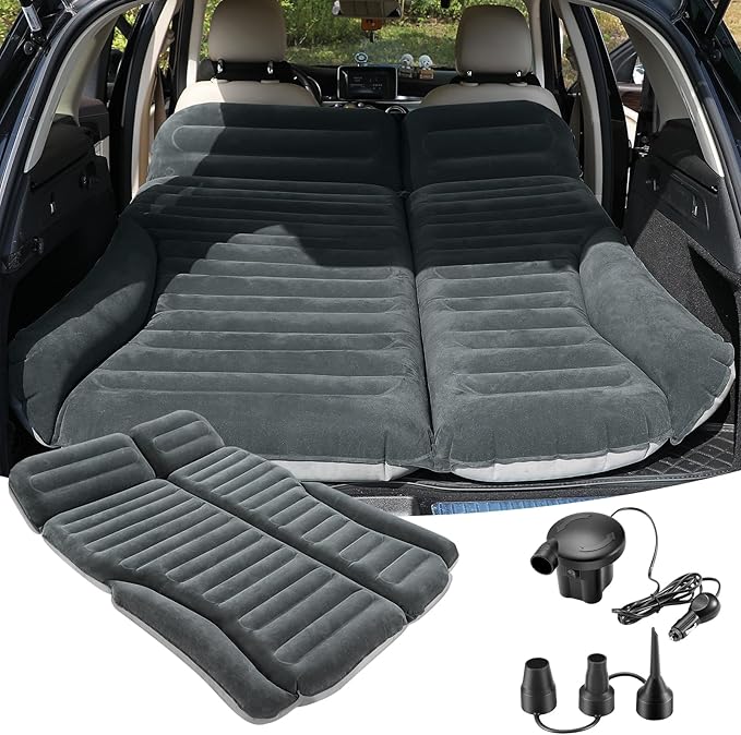 KMZ SUV Air Mattress Double Sided Thickened Flocking Car Bed – Portable Inflatable Mattress Pad for Camping & Travel with 2 Pillows & Electric Pump (Green+Light Gray)