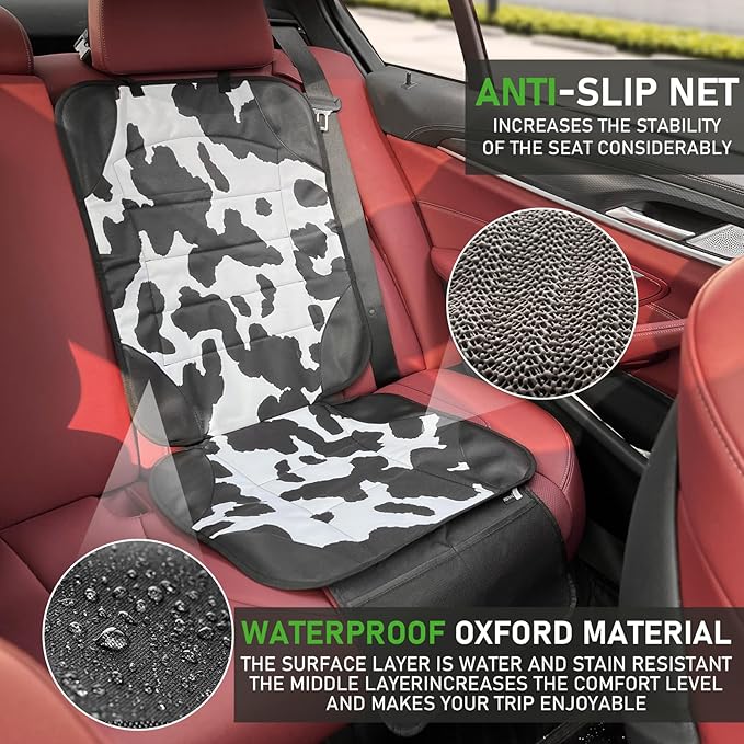 Siivton Car Seat Protector for Child Car Seat,Waterproof Car Seat Cover with Thick Padding, Non-Slip Backing, Protects Fabric & Leather Seats, 2 Mesh Storage Pockets(Cow Print)
