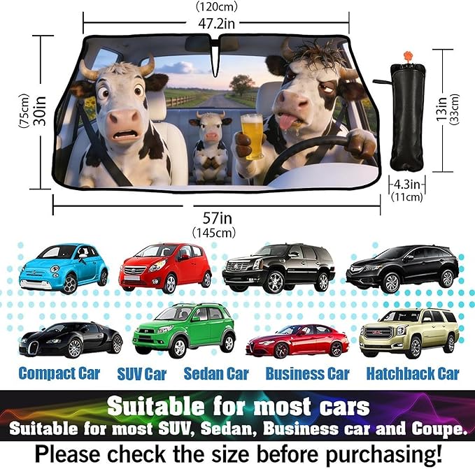 CHILL·TEK Funny Car Windshield Sun Shade Umbrella, Funny Cow Car Sun Shade Umbrella, Block UV Rays Heat Foldable Windshield Umbrella Sun Visor Protector - Keep Vehicle Cool for Cars SUV