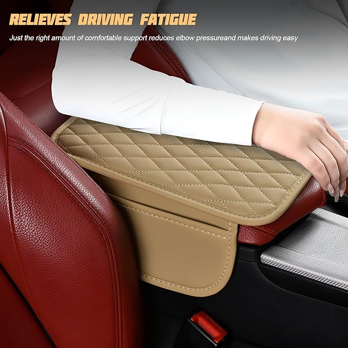 Car Center Console Cover, Leather Vehicle Armrest Seat Box Cushion Pad with Storage Bags, Waterproof Automotive Middle Console Protector, Universal for SUV RV Truck (Beige)