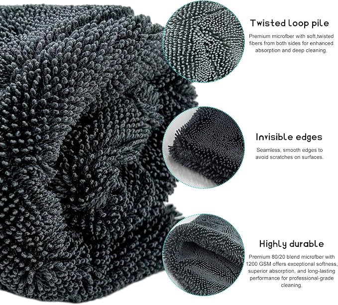 Microfiber Towels for Cars, 1200 GSM Ultra Thick 12.2"x12.2" Soft Car Detailing Drying Towel, Super Absorbent Double Twisted Loop Cloth Cleaning Towel for Car Truck SUV