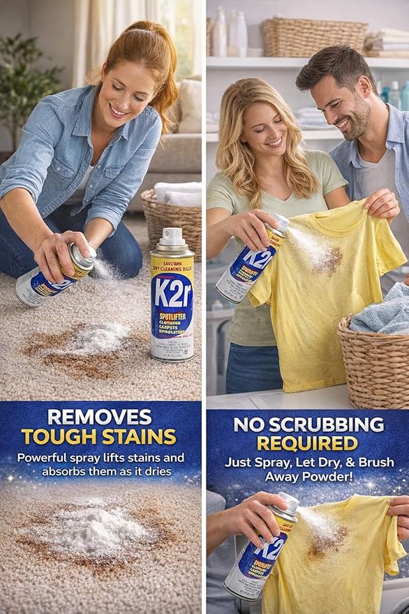 K2R SpotLifter Spot Remover Spray – Quick-Drying Stain Remover for Clothing, Carpets, Upholstery & Wallpaper – Built-In Brush Cap for No-Mess Touch-Ups – 10oz (2, 1)
