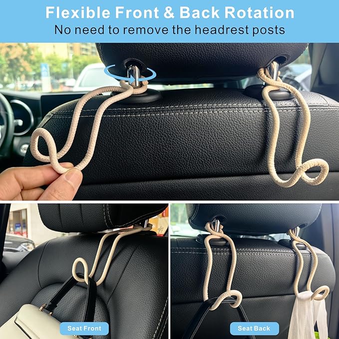 Car Seat Back Organizer Hooks 2 Pack - Space Saving Car Headrest Hangers with Anti-Drop Loop for Women Men, Universal Car Bag Holder for SUV Truck for Front and Back Seat Storage - Beige Leather/2S