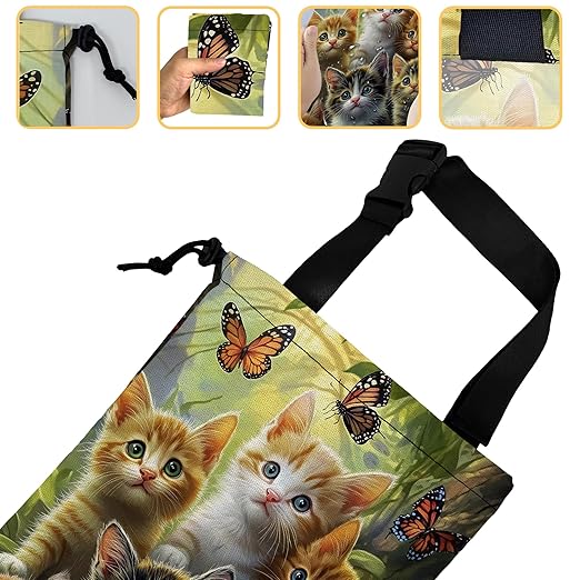 Cute Cats with Butterfly Car Trash Bag, Hanging Drawstring Car Garbage Bag,Canvas Car Back Seat Organizer with Adjustable Buckle for Men and Women