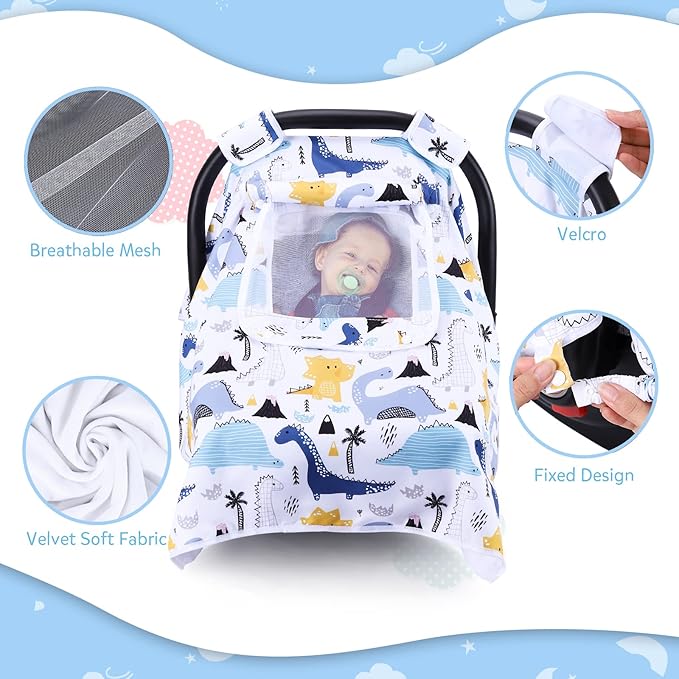 THE KENKYO Car Seat Cover for Babies, Breathable Carseat Cover for Boys Girls, Kick-Proof Infant Car Seat Canopy with Mesh Peep Window and Sun Shade, Windproof Stroller Cover for All Seasons