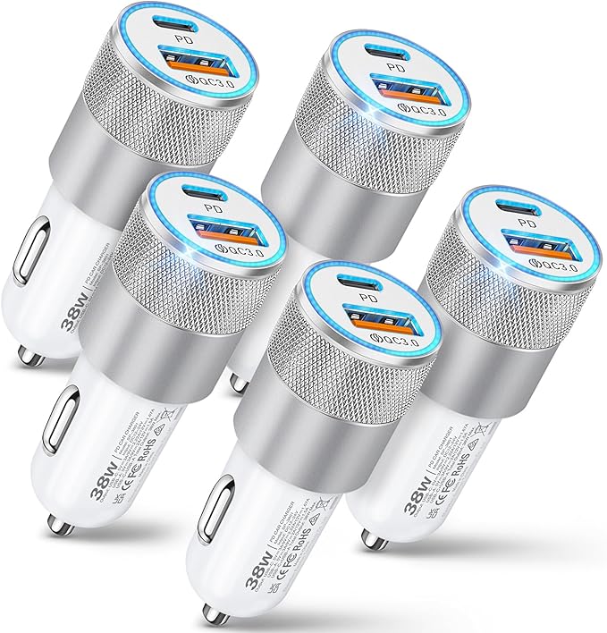 Car Charger, 5 Pack 38W Dual Ports USB-C & USB-A Cigarette Lighter Adapter Fast Charging Car Phone Charger for iPhone 16e 16 15 14 13, Samsung S25 S24, Pixel Cargador para Carro Phone Plug for Car