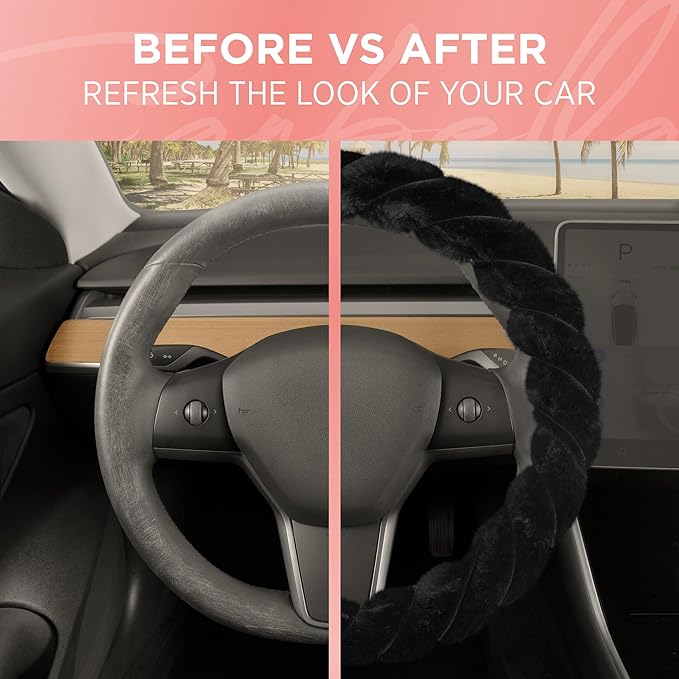 Carbella Twisted Fur Black Soft Steering Wheel Cover, Standard 15 Inch Size Fits Most Vehicles, Fuzzy Fluffy Car Steering Cover with Soft Faux Fur Touch, Car Accessories for Women