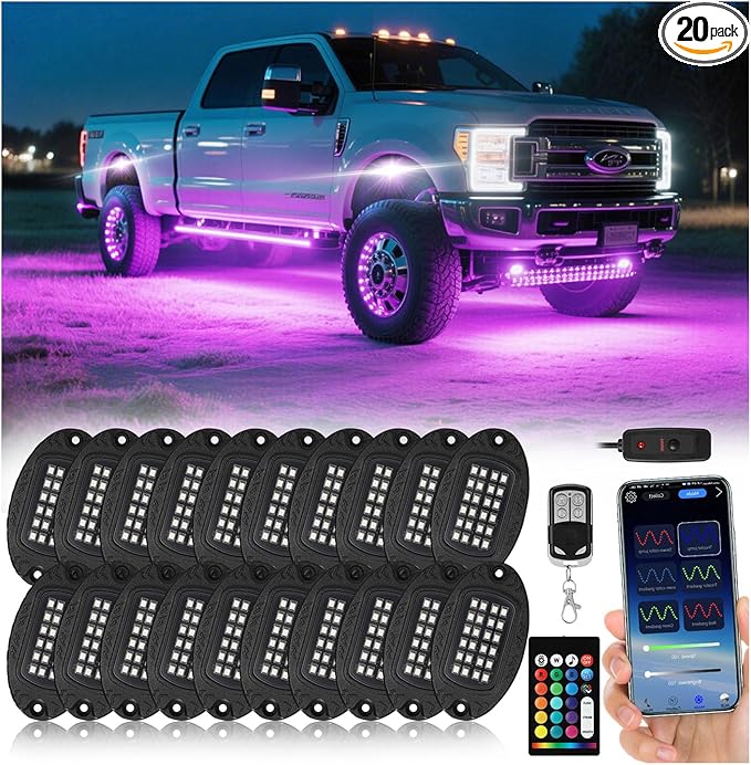 20 Pods Segmented Alloy RGB LED Rock Lights for Semi Trucks Trailer Pickup Offroad Boat RV, Waterproof Shockproof Metal Underglow Kit with APP/RF Control Sync Music Multicolor Underbody Fender Light