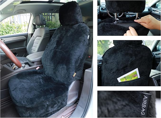 Genuine Sheepskin Seat Cover Lambskin Seat Cover Winter Car Seat Cover Lambs Wool Sheep Skin Fuzzy Shearling Car Accessories Front Bucket with Curve Patten (Black)
