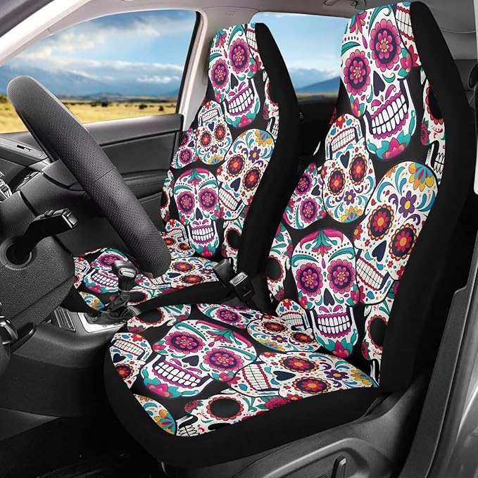 Sugar Skull Car Seat Covers Breathable Front Seat Covers Easy Installation Stretch Polyester Fabric Cover Protection Interior Accessories Universal Fit Most Cars,SUV, Trucks