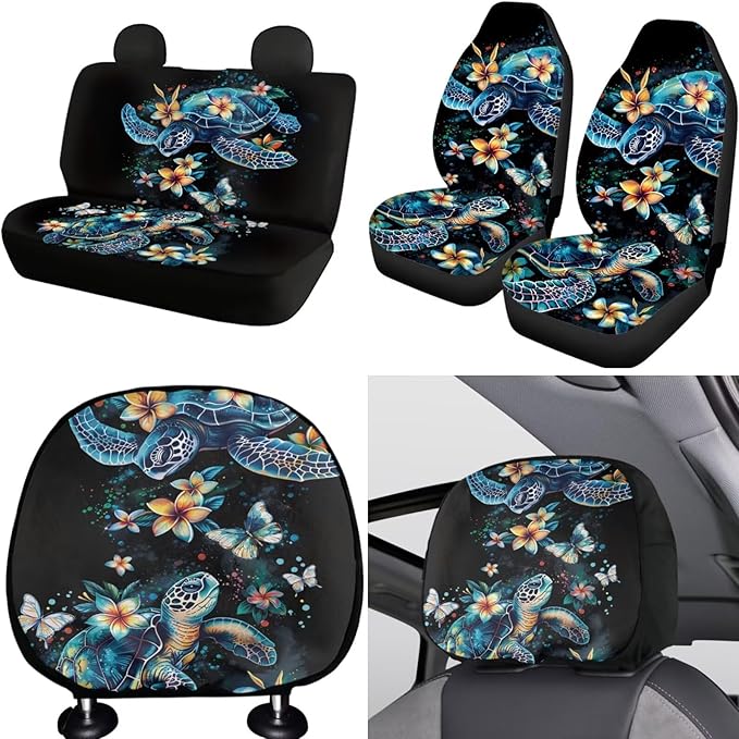 FKELYI Women Auto Fashion Seat Cushions and Headrest Pads, Sea Turtle Car Handbrake Cover with Gear Shifter Cover, Steering Wheel Protector, Cup Coasters