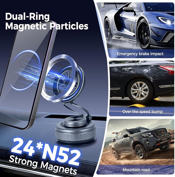 2026 Upgraded 360° Nano Gel Vacuum Magnetic Car Phone Holder,Reinforced Ultra Suction Cup Pocket Size Foldable Phone Mount for Dashboard/Gym/Mirror MagSafe iPhone Air 17 16 15 14 13 12 Pro Max (Black)