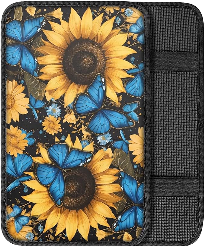 Dreaweet Car Center Console Cover Blue Butterfly Sunflower Print Arm Rest Cover for Car Women Universal Car Accessories Interior Soft Anti Scratch Car Armrest Storage Box Mat