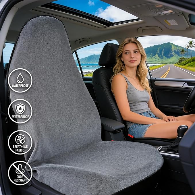 ZIMABLUE 1PC Waterproof Towel Car Seat Cover - 525g Heavy Duty 3-Layer Microfiber Sweat Protector for Bucket Seats - Non-Slip Machine Washable Universal Fit for Gym, Yoga, Beach, Pets & Outdoors-Gray