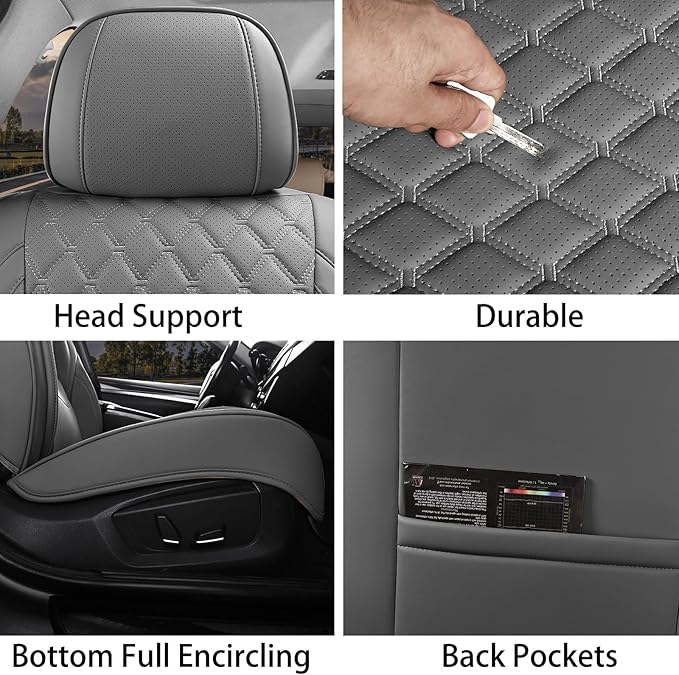 Car Seat Covers Front Seats, Luxury Faux Leather Car Seat Covers Waterproof Non-Slip Seat Protector Universal Fit for Most Cars SUVs Trucks Pick-ups, Grey Car Accessories Interior