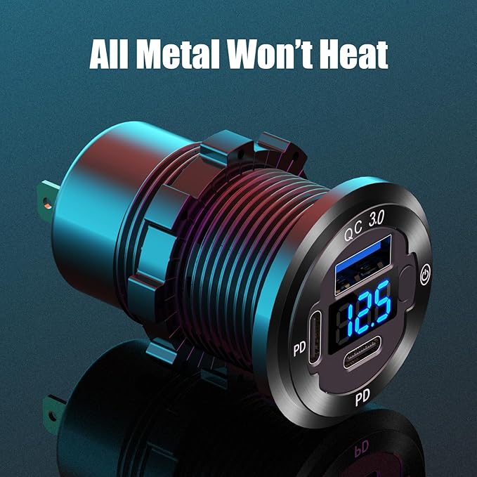 12V USB Outlet 3 Port Car Charger Socket, 78W Dual PD USB C 30W and Quick Charge3.0 Port Aluminum Charger Waterproof with Voltmeter and Button Switch for Boat Marine Motorcycle RV Truck Golf Cart, etc