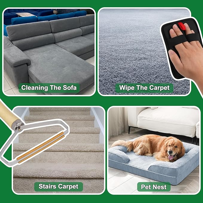 3 in 1 Carpet Rake for Pet Hair Removal, Reusable Pet Hair Remover Broom, 60'' Adjustable Long Handle Dog and Cat Hair Remover Tool Set of 3, Lint Remover Scraper for Carpets (Dark Green, 60inch)