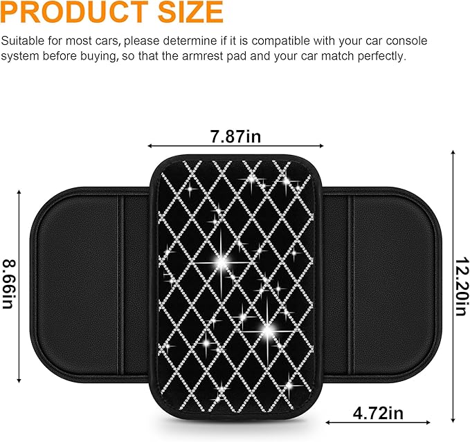 Bling Armrest Cover for Car Compatible with Jeep Cherokee - Center Console Cover with 2 Storage Pockets and Crystal Diamond(Black)