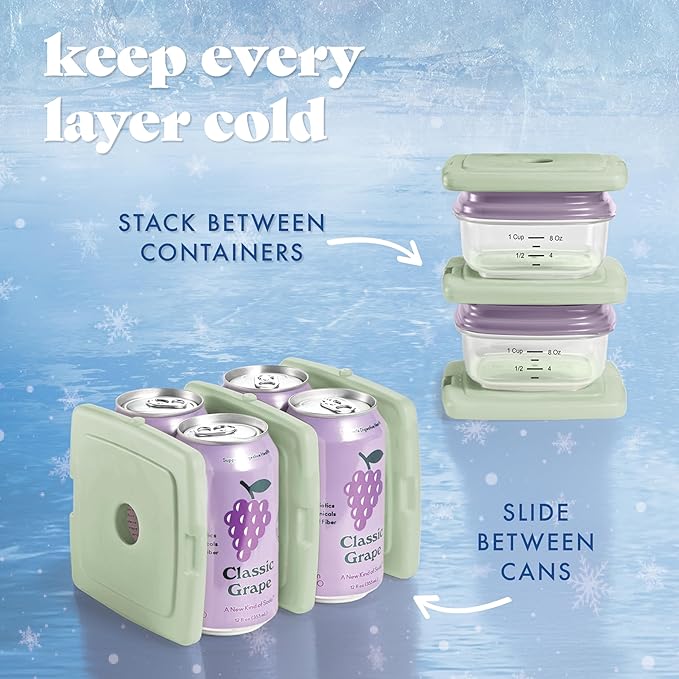 Cool Coolers by Fit & Fresh Slim Ice Packs, Quick Freeze Reusable Ice Packs for Lunch Boxes & Coolers, Long-Lasting, Space Saving Lunch Ice Packs, Sage, 4Pk