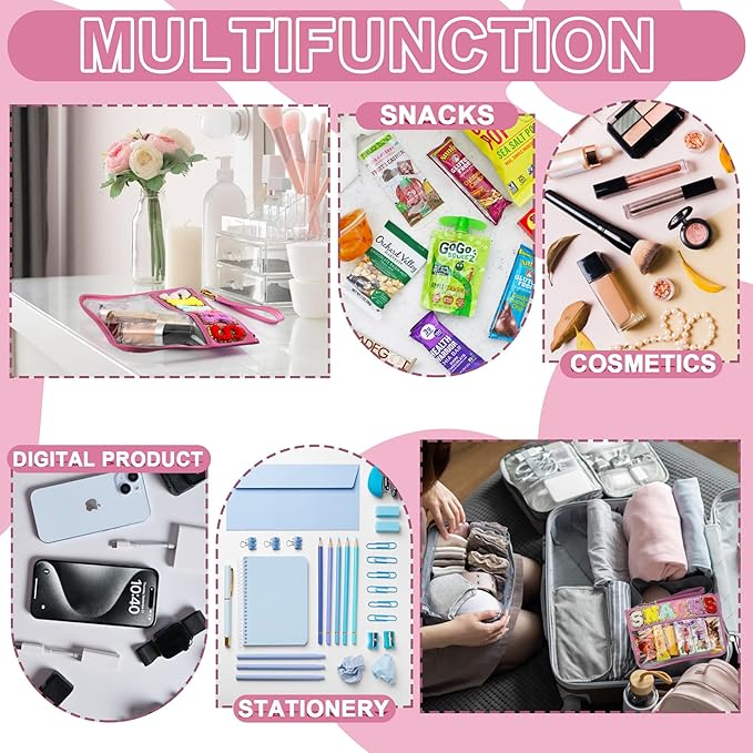Snack Bag for Travel - Clear Chenille Varsity Letter Flat Pouch with Zipper, 12.2×8.46 inch Waterproof Clear Nylon Preppy Patch Makeup Cosmetic tote Bags for Women Girls
