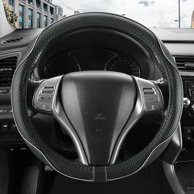 Leather Car Steering Wheel Cover,Anti-Slip, Safety,Soft, Breathable, Heavy Duty,Thick,Full Surround, Sports Style,Universal Car Accessories for Women Men Fit 14" 1/2-15"(Black with Gray line)