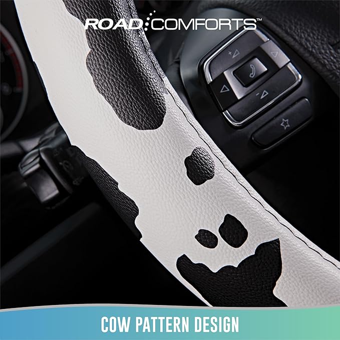 Road Comforts Cow Pattern Steering Wheel Cover - Made with PVC Leather - Anti-Slip, Universal Fit 14 1/2 inches to 15 inches